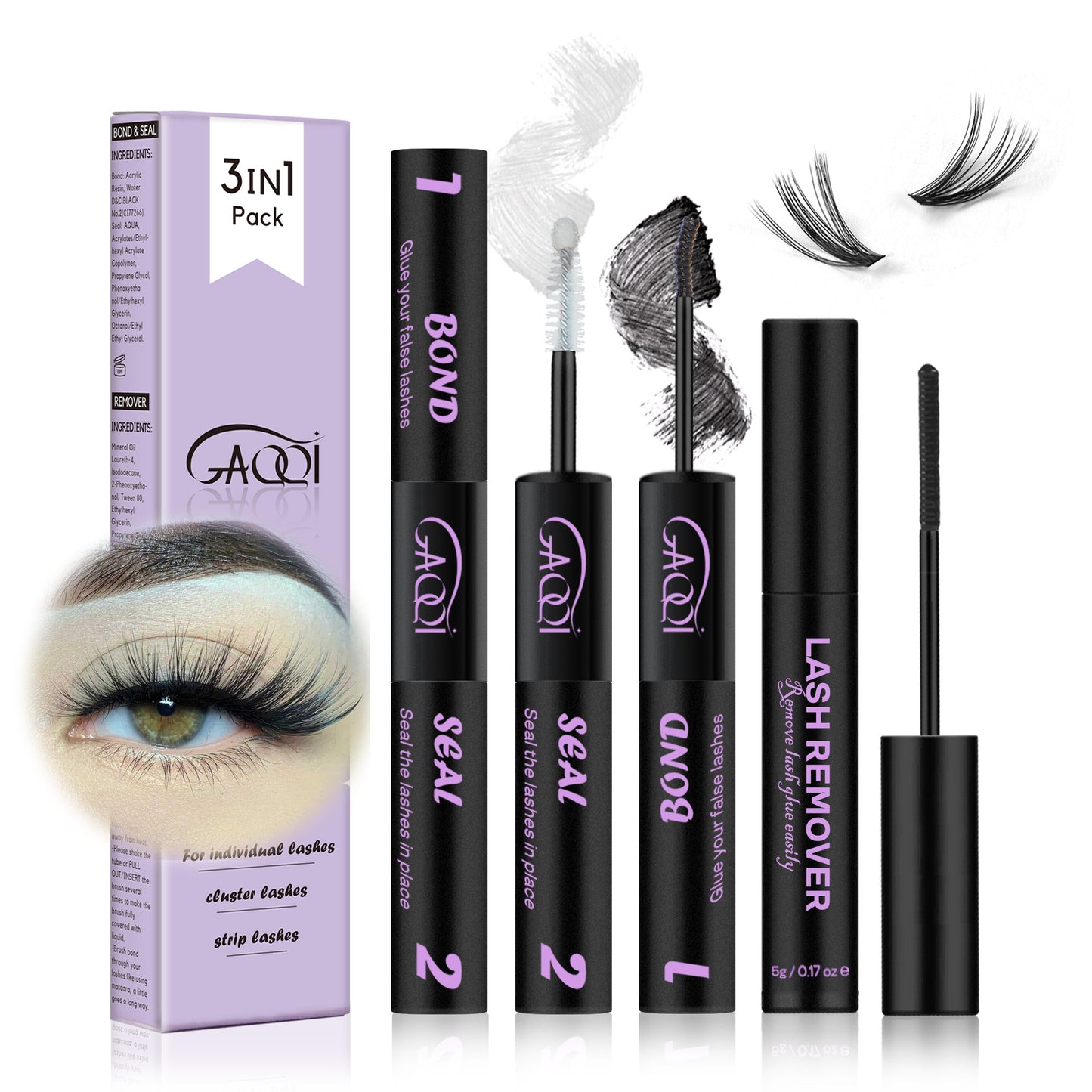 GAQQI Lash Bond and Seal and Remover,Waterproof Lash Clusters Glue Easy to Use 3 in 1 Strong Hold