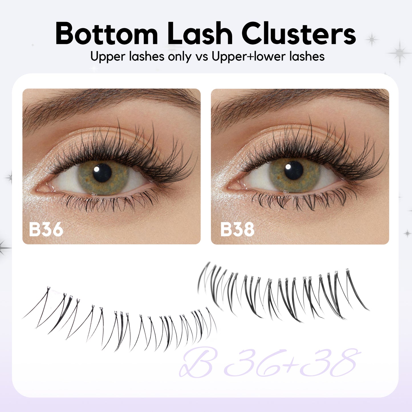 GAQQI Bottom Lash Clusters Natural Bottom Lashes Clear Band Mixed Natural or Thick 6mm 48pcs(B36+B38)