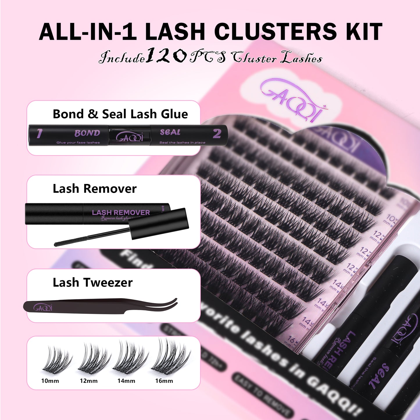 GAQQI Lash Clusters Kit 10-16MM with Lash Bond and Seal,Lash Remover and Lash Applicator (GQ19-KIT)